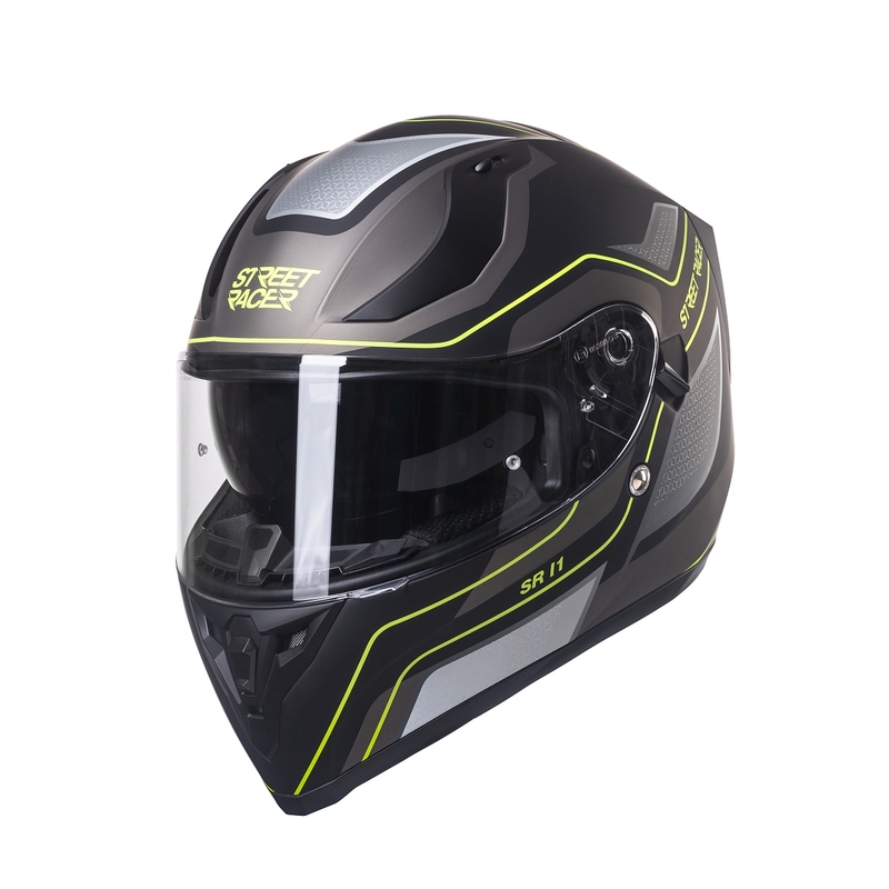 Integrální přilba na motorku Street Racer SR I1 černo-šedo fluo žlutá - II. jakost