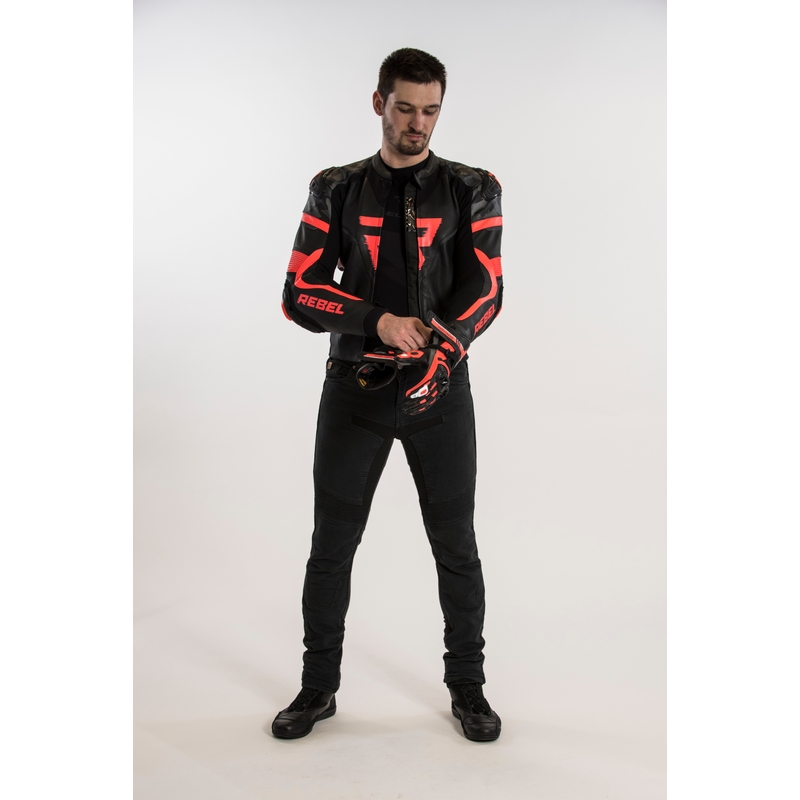 Chaqueta de moto Rebelhorn Rebel negro-rojo fluo liquidación