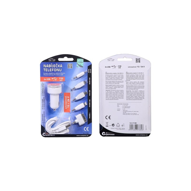 Cargador de teléfono 12V 2,1A (iPhone 4/5/6, micro USB, Nokia)