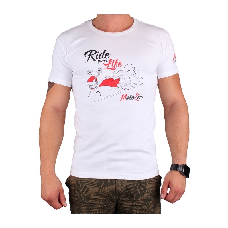 Camiseta s motivem MotoZem Ride your life blanca liquidación
