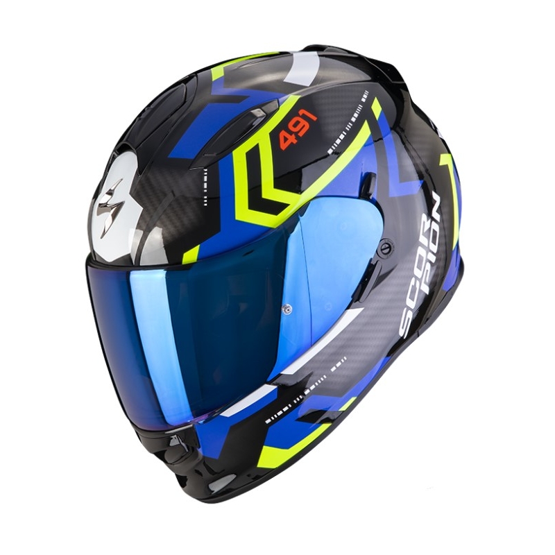 Casco integral de moto SCORPION EXO-491 SPIN negro-azul-amarillo fluo liquidación