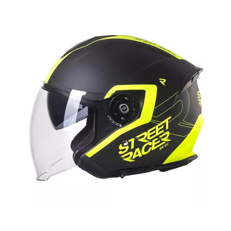 Casco de moto abierto Street Racer SR 01 negro-amarillo fluo