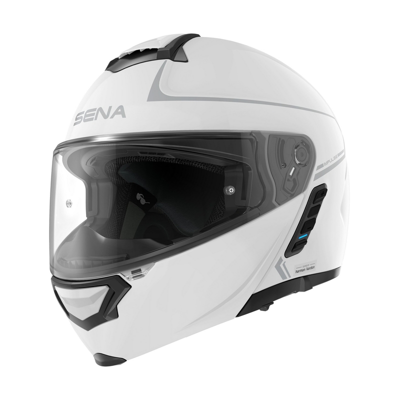 Casco de moto plegable con auriculares de malla SENA Impulse blanco brillante liquidación