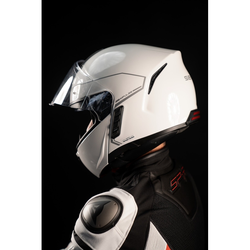 Casco de moto plegable con auriculares de malla SENA Impulse blanco brillante liquidación