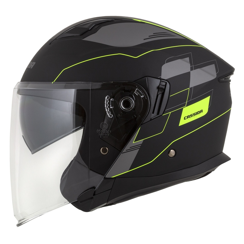 Casco de moto Cassida Jet Tech Roxor abierto negro-gris-amarillo fluo mate liquidación