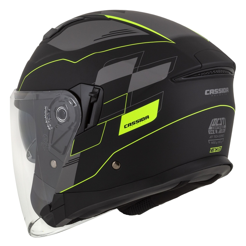 Casco de moto Cassida Jet Tech Roxor abierto negro-gris-amarillo fluo mate liquidación