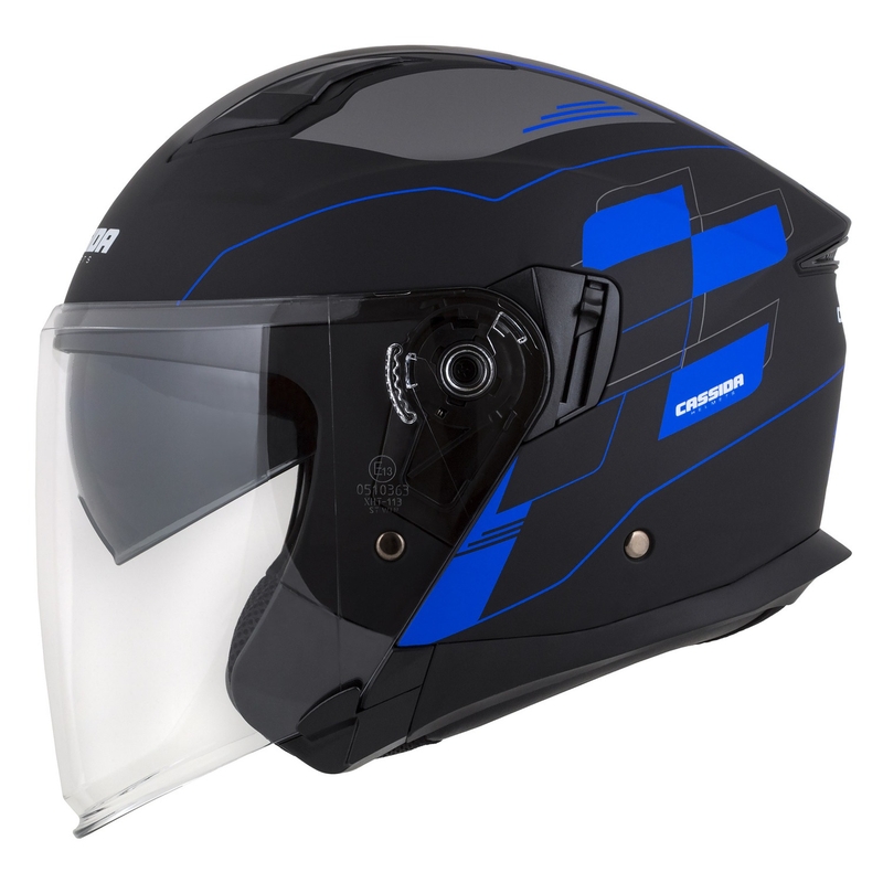 Casco de moto Cassida Jet Tech Roxor Negro-Gris-Azul Mate Abierto