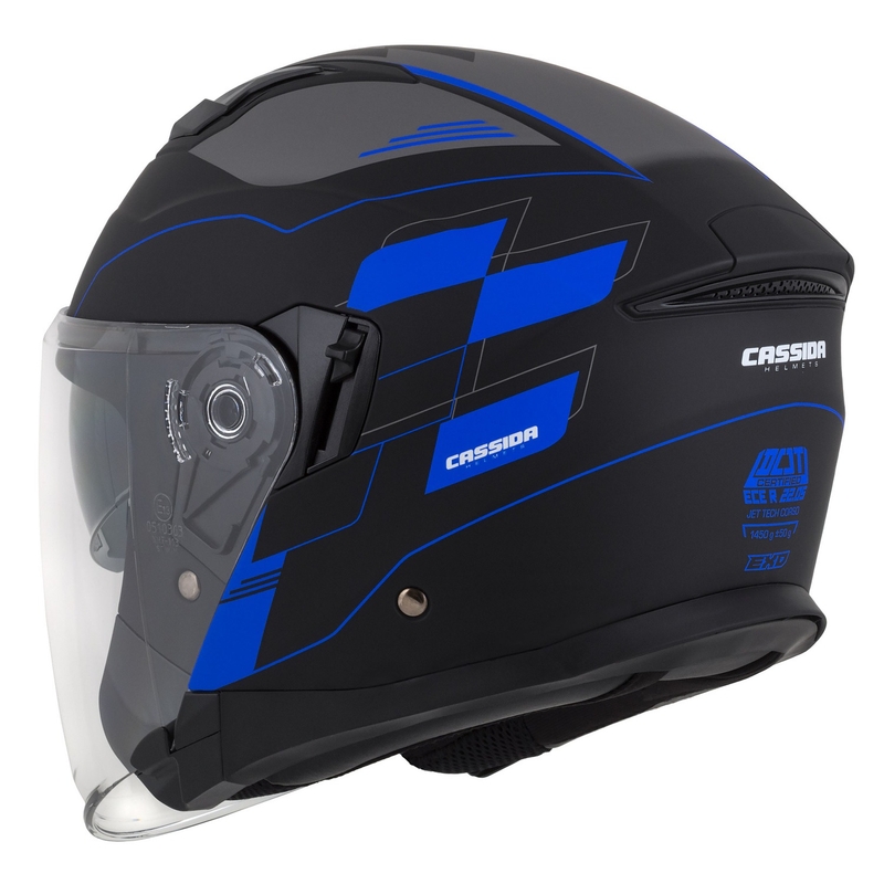 Casco de moto Cassida Jet Tech Roxor Negro-Gris-Azul Mate Abierto