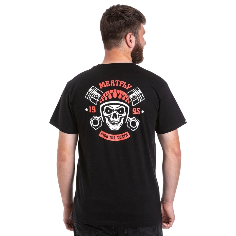 Camiseta Meatfly Ride Till Death naranja y negra liquidación