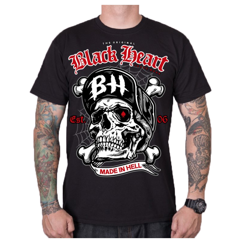 Camiseta hombre Black Heart Skull Bones negra liquidación