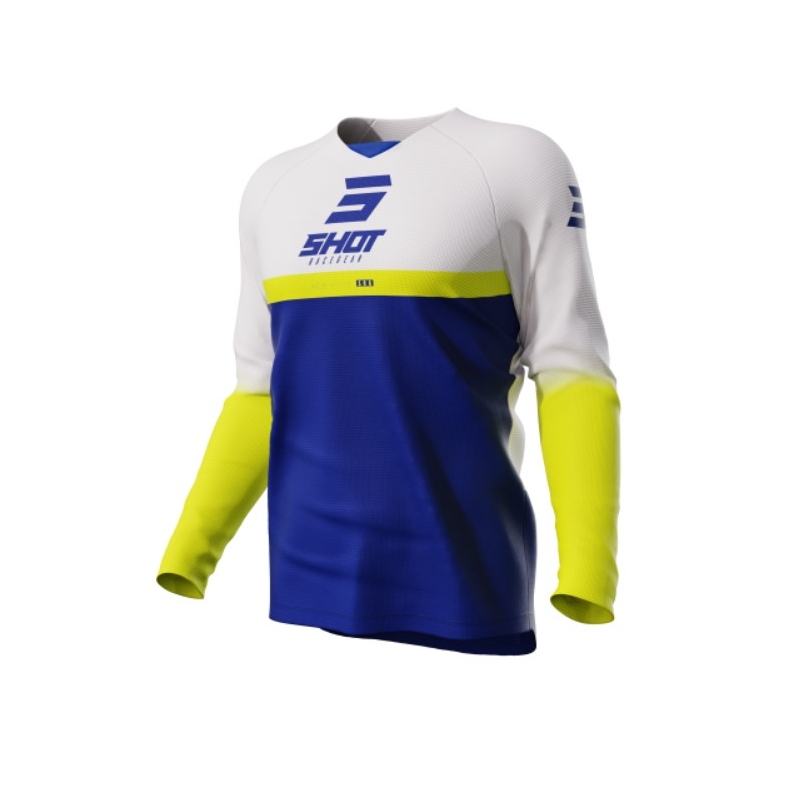 Maillot motocross infantil Shot Raw Kid Reflex blanco-amarillo-azul liquidación