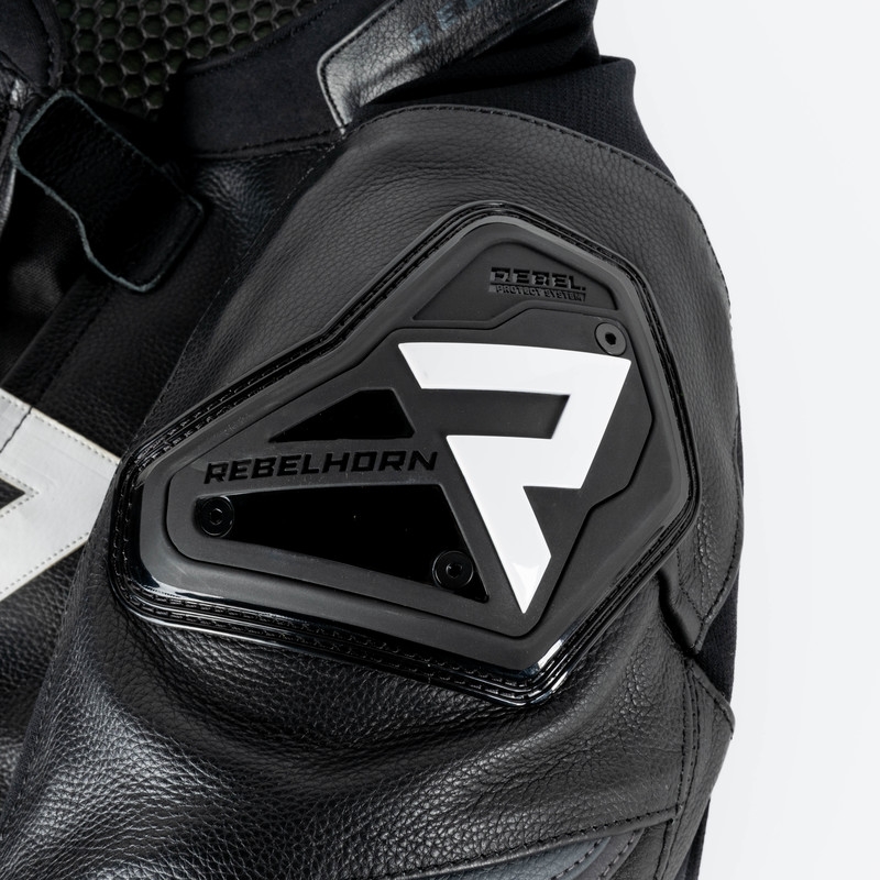 Chaqueta de moto de cuero Rebelhorn Veloce negra y blanca