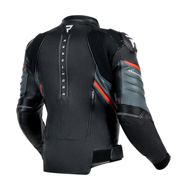 Rebelhorn Veloce Chaqueta de moto de cuero negro-rojo fluo