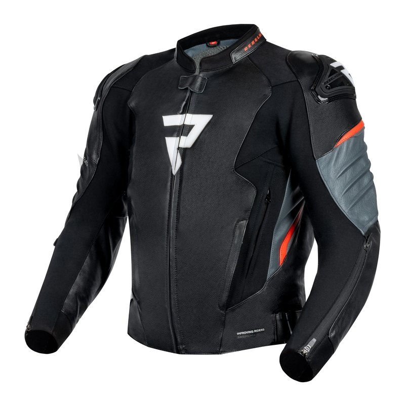 Rebelhorn Veloce Chaqueta de moto de cuero negro-rojo fluo