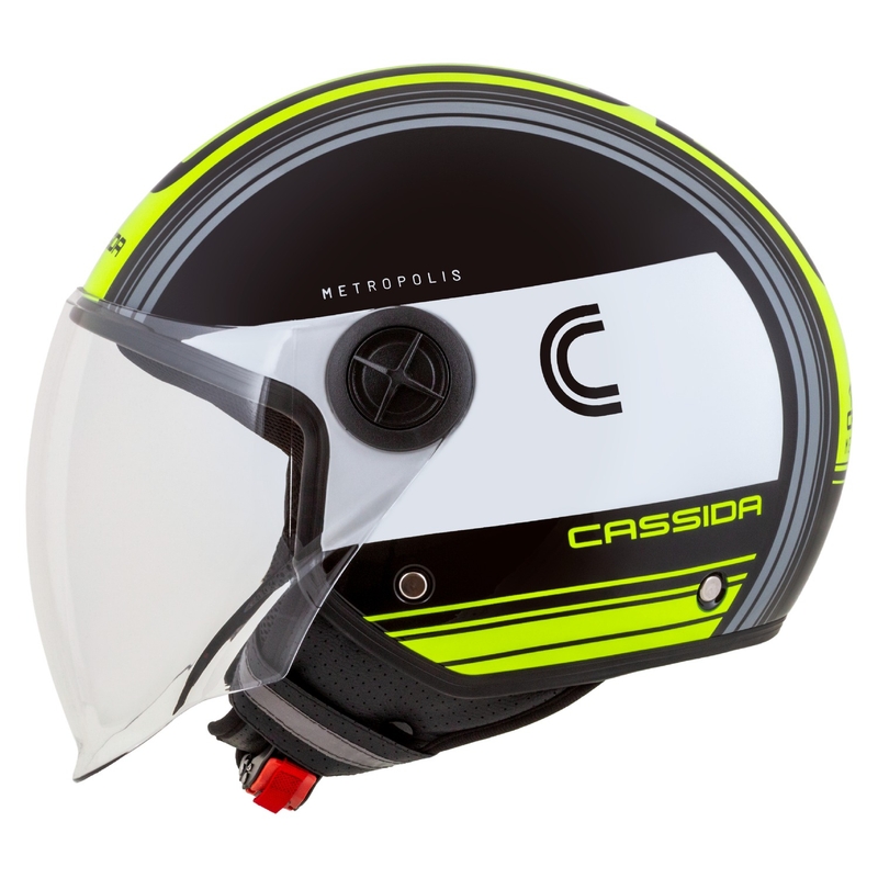 Casco de moto abierto Cassida Handy Metropolis Negro-Blanco-Amarillo Flúo-Gris
