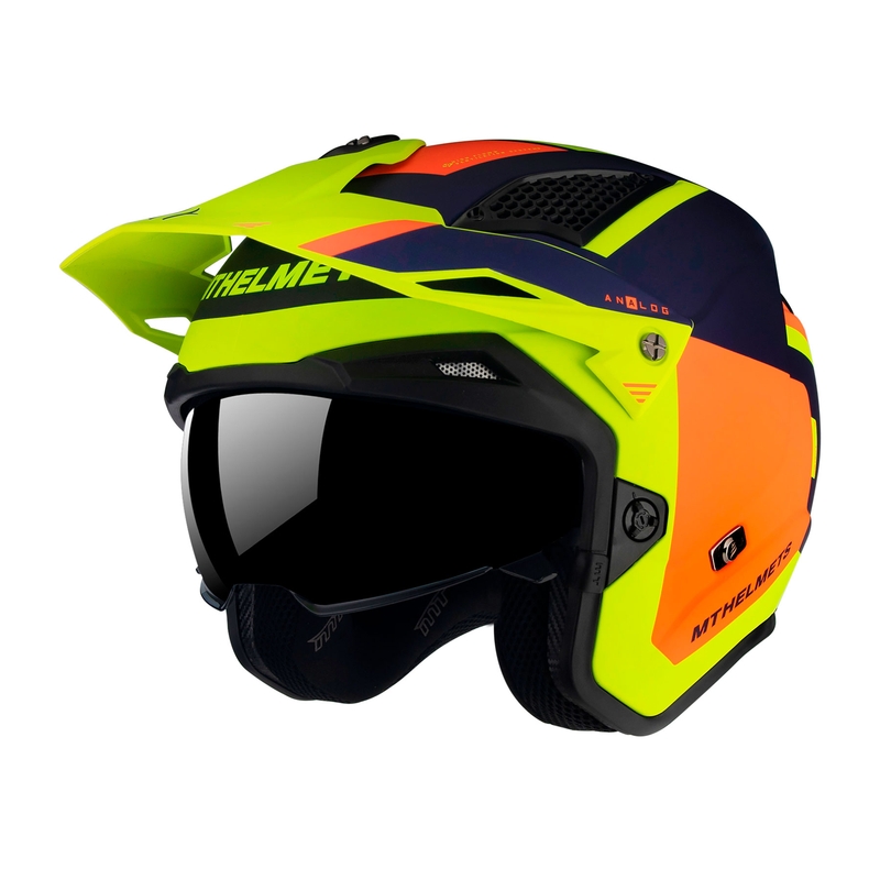 MT District SV Analog D27 casco de moto trial abierto azul-naranja-amarillo fluo
