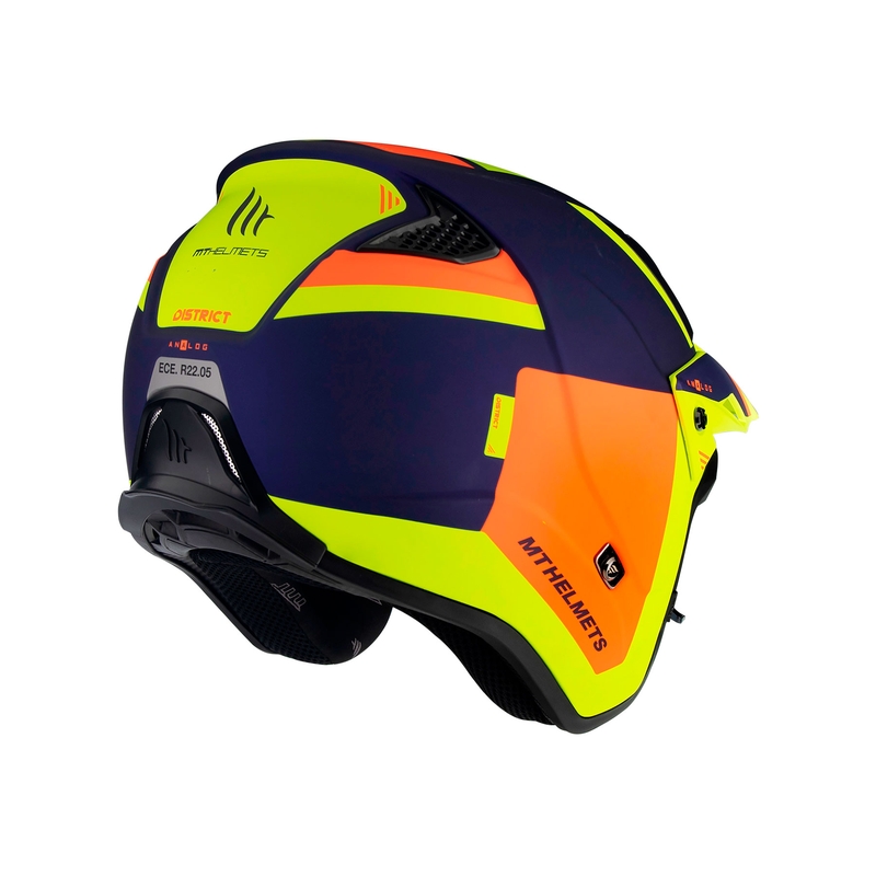 MT District SV Analog D27 casco de moto trial abierto azul-naranja-amarillo fluo