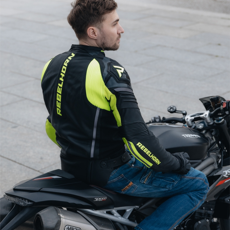Chaqueta de cuero Rebelhorn Vandal Negro-Amarillo Flúo liquidación