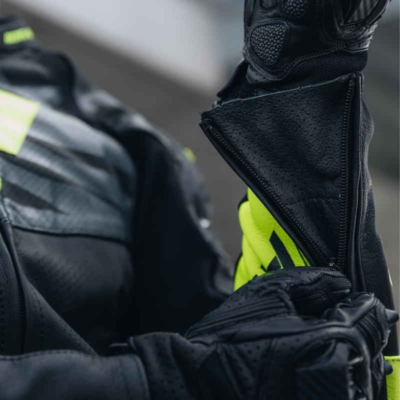 Chaqueta de cuero Rebelhorn Vandal Negro-Amarillo Flúo liquidación