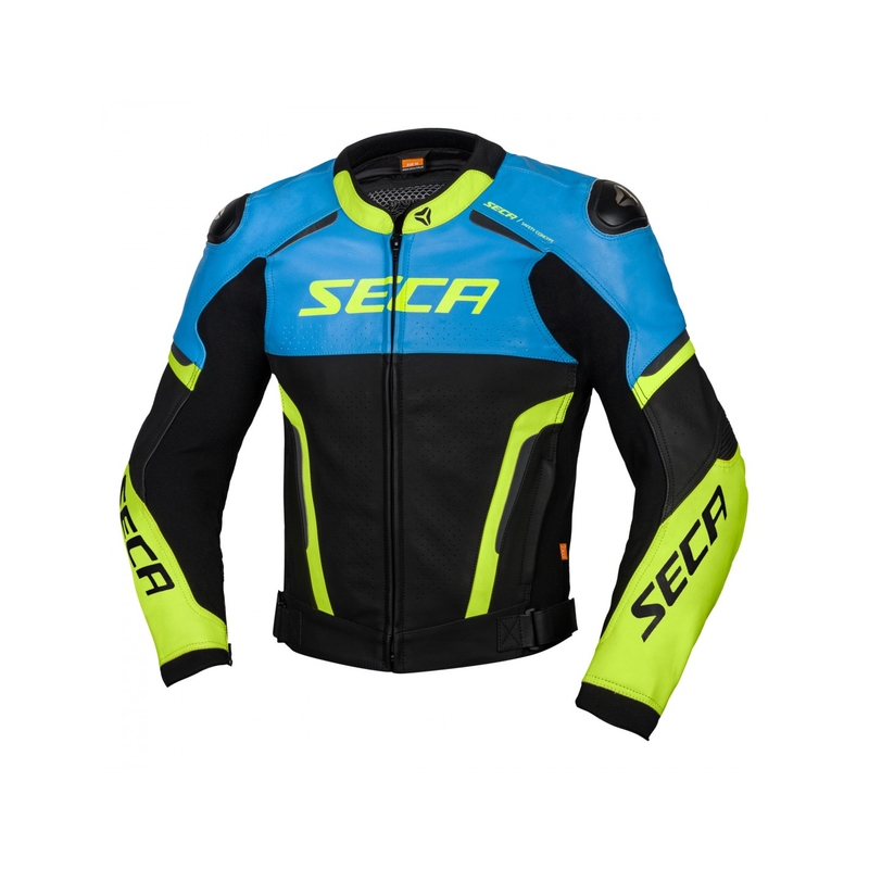 Chaqueta de moto de cuero SECA Hooligan azul-amarillo fluo en oferta liquidación