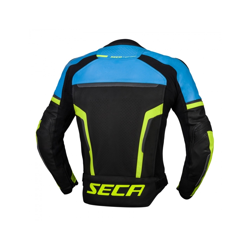 Chaqueta de moto de cuero SECA Hooligan azul-amarillo fluo en oferta liquidación
