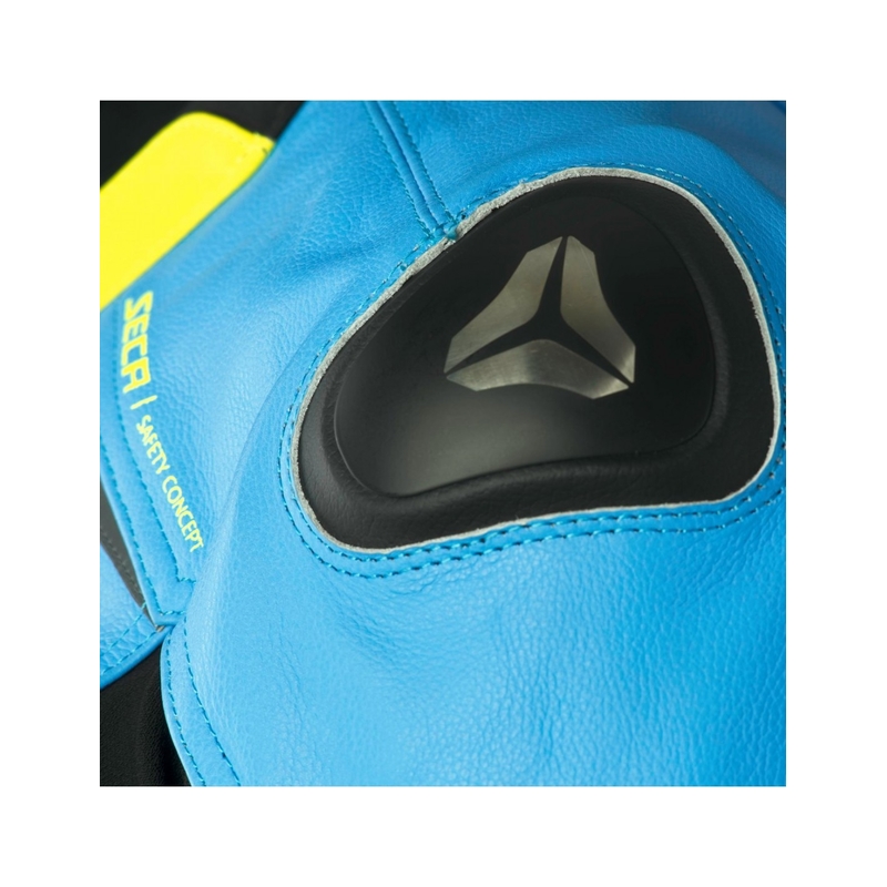 Chaqueta de moto de cuero SECA Hooligan azul-amarillo fluo en oferta liquidación