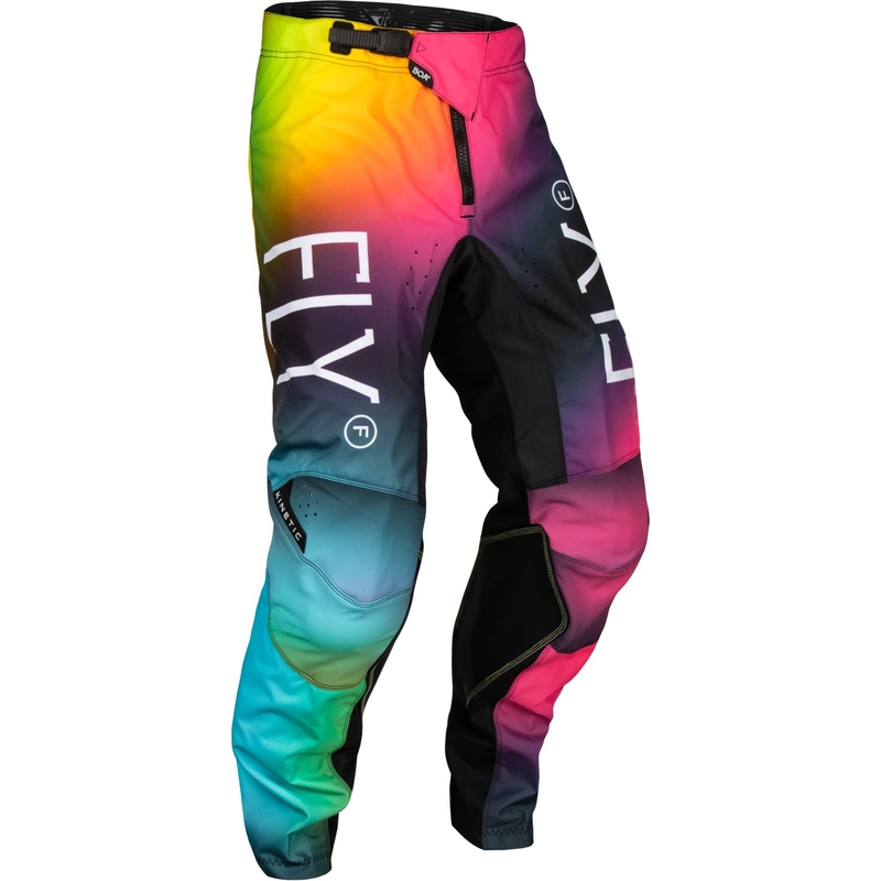 Pantalones de motocross para niños FLY Racing Kinetic Prodigy rosa-azul-amarillo flúor en oferta liquidación