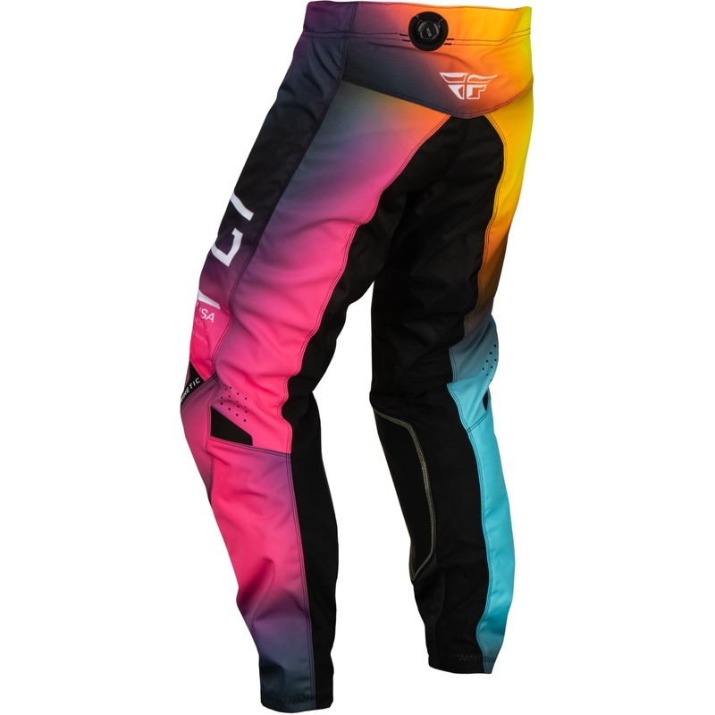 Pantalones de motocross para niños FLY Racing Kinetic Prodigy rosa-azul-amarillo flúor en oferta liquidación