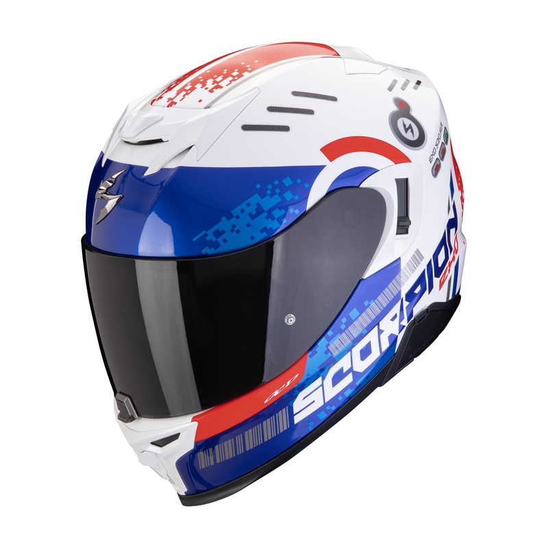 Casco integral de moto Scorpion EXO-520 EVO AIR TITAN blanco-azul-rojo liquidación