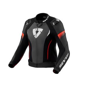 Chaqueta de moto de mujer Revit Xena 4 Pro de cuero negro-rojo fluo