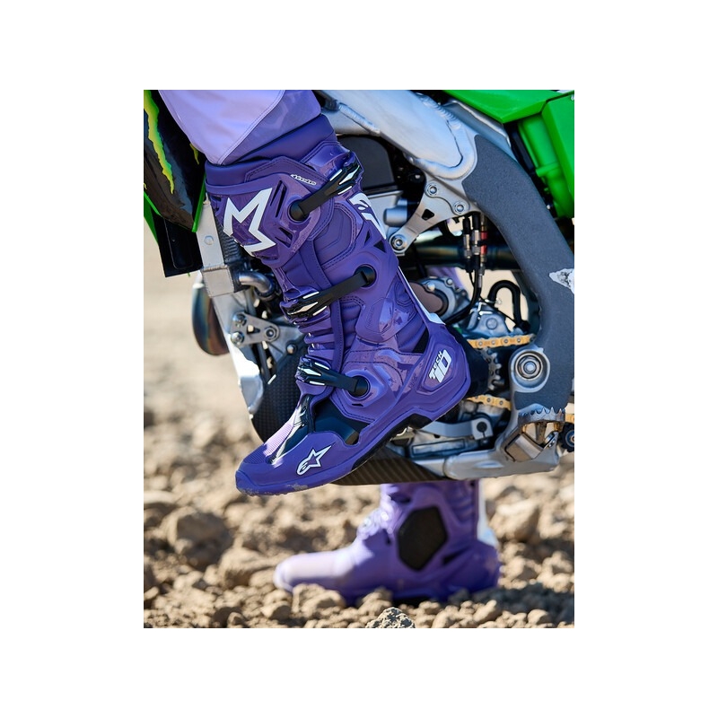 Botas de moto Alpinestars Tech 10 en morado, negro y blanco