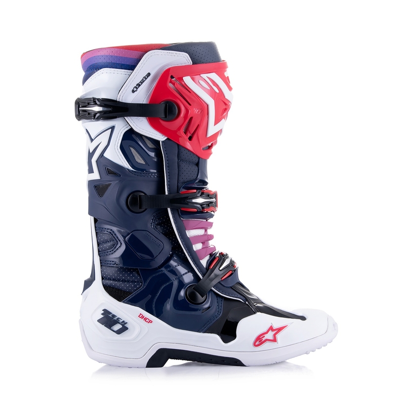 Botas de moto perforadas Alpinestars Tech 10 Supervented en azul oscuro, blanco, rojo y morado