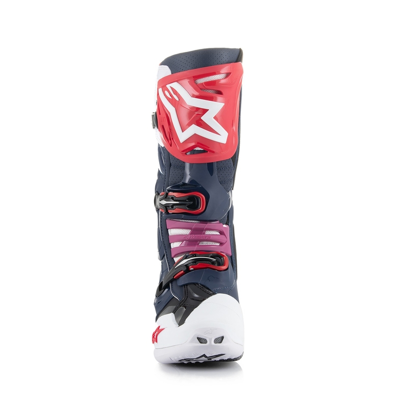 Botas de moto perforadas Alpinestars Tech 10 Supervented en azul oscuro, blanco, rojo y morado