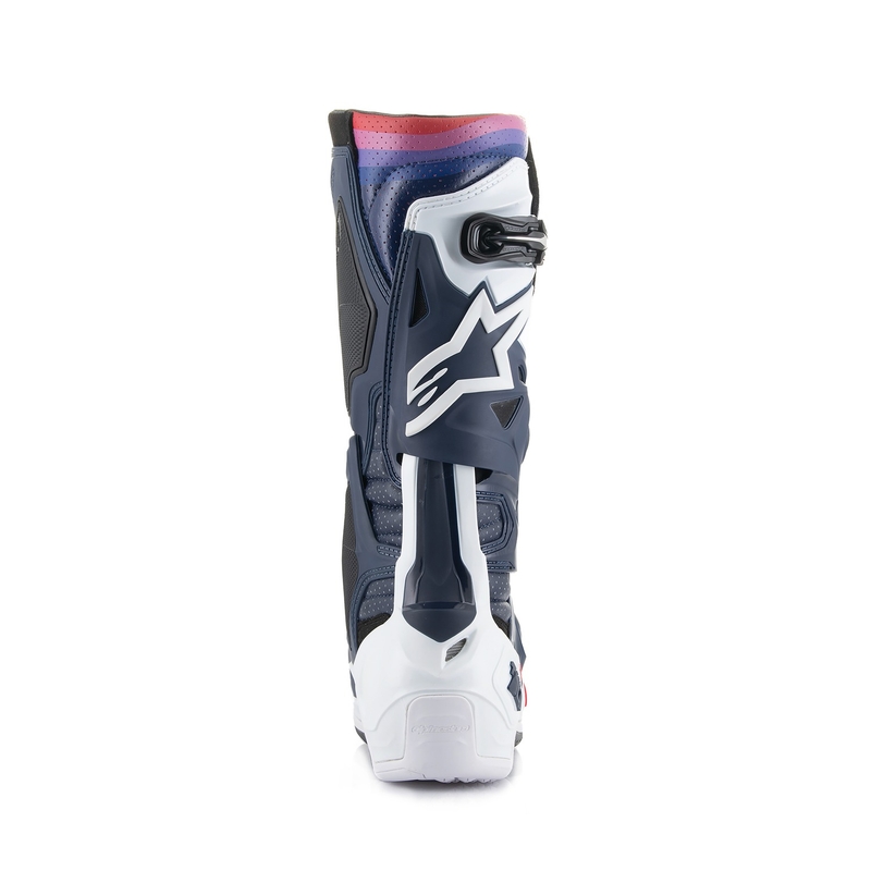 Botas de moto perforadas Alpinestars Tech 10 Supervented en azul oscuro, blanco, rojo y morado