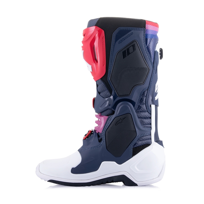 Botas de moto perforadas Alpinestars Tech 10 Supervented en azul oscuro, blanco, rojo y morado