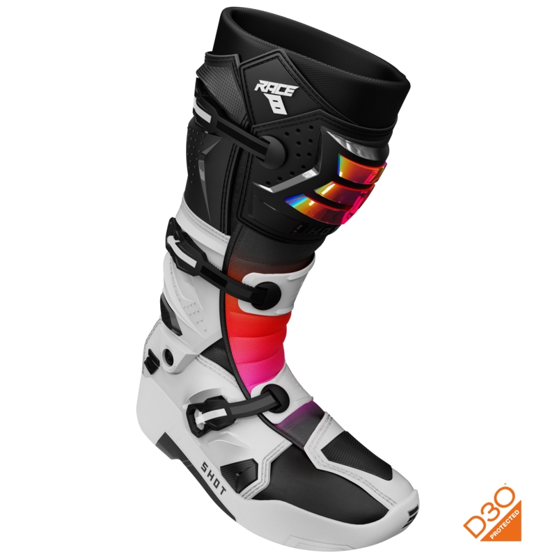 Botas de motocross Shot Race 8 holográficas blancas, negras y rosas