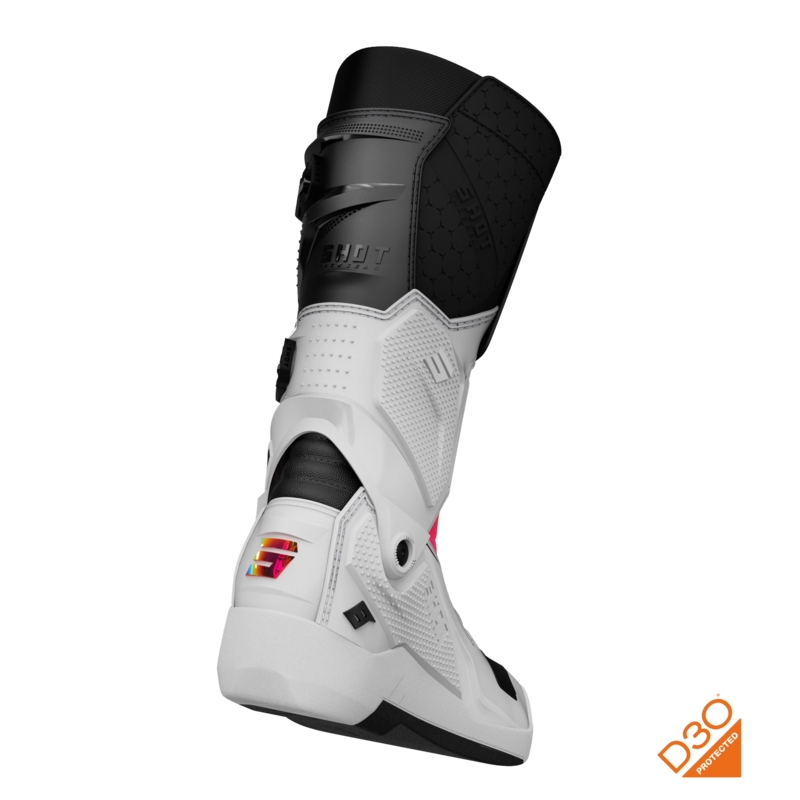 Botas de motocross Shot Race 8 holográficas blancas, negras y rosas