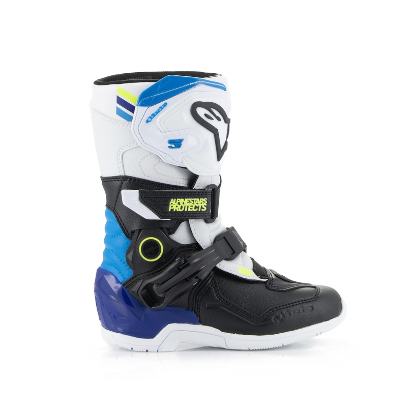 Botas de moto para niños Alpinestars Tech 3S en blanco, negro y azul
