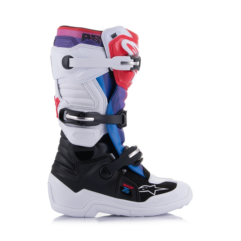 Botas de motocross para niños Alpinestars Tech 7 S (blanco, negro, rojo, azul y morado)