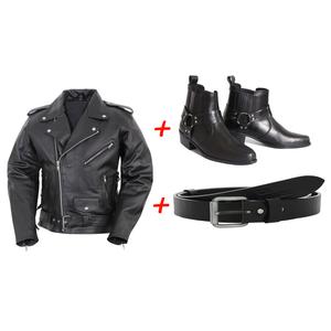 SET: Botas de caballo RSA KW + Cinturón de cuero RSA Classic + Chaqueta de cuero RSA Crooked