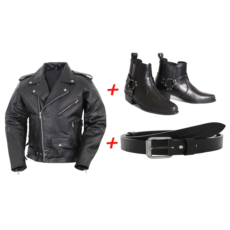 SET: Botas de caballo RSA KW + Cinturón de cuero RSA Classic + Chaqueta de cuero RSA Crooked