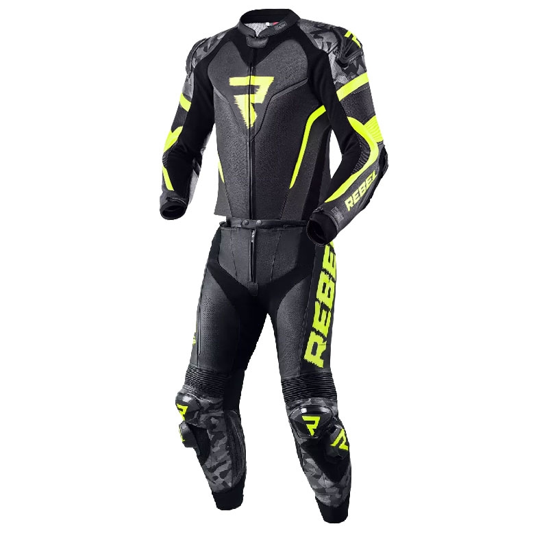 Traje de moto Rebelhorn Rebel negro-gris-amarillo fluo