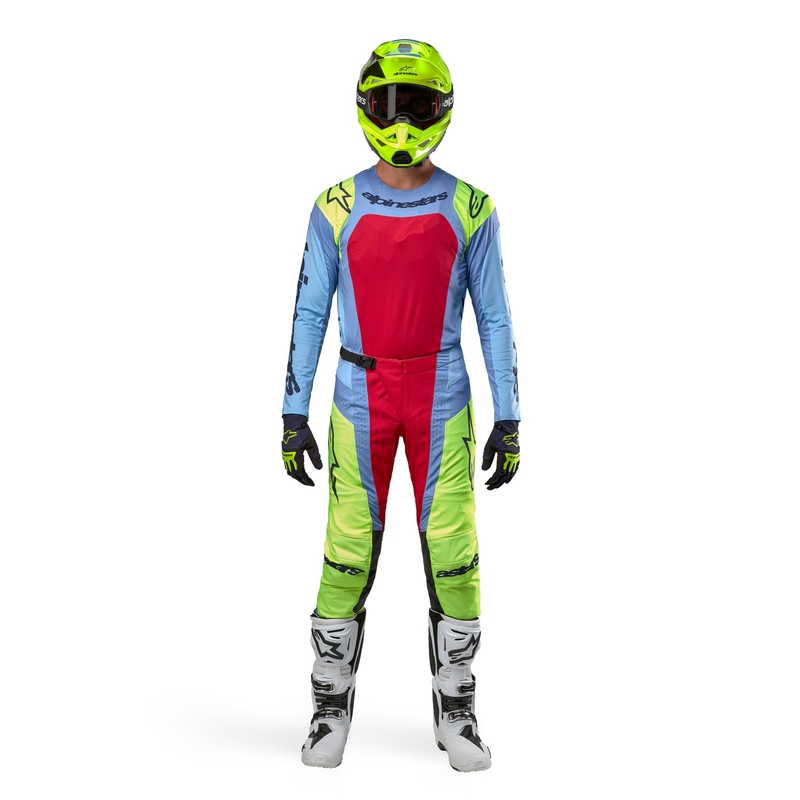 Pantalones de motocross Alpinestars Techstar Ocuri azul claro-amarillo fluo-rojo
