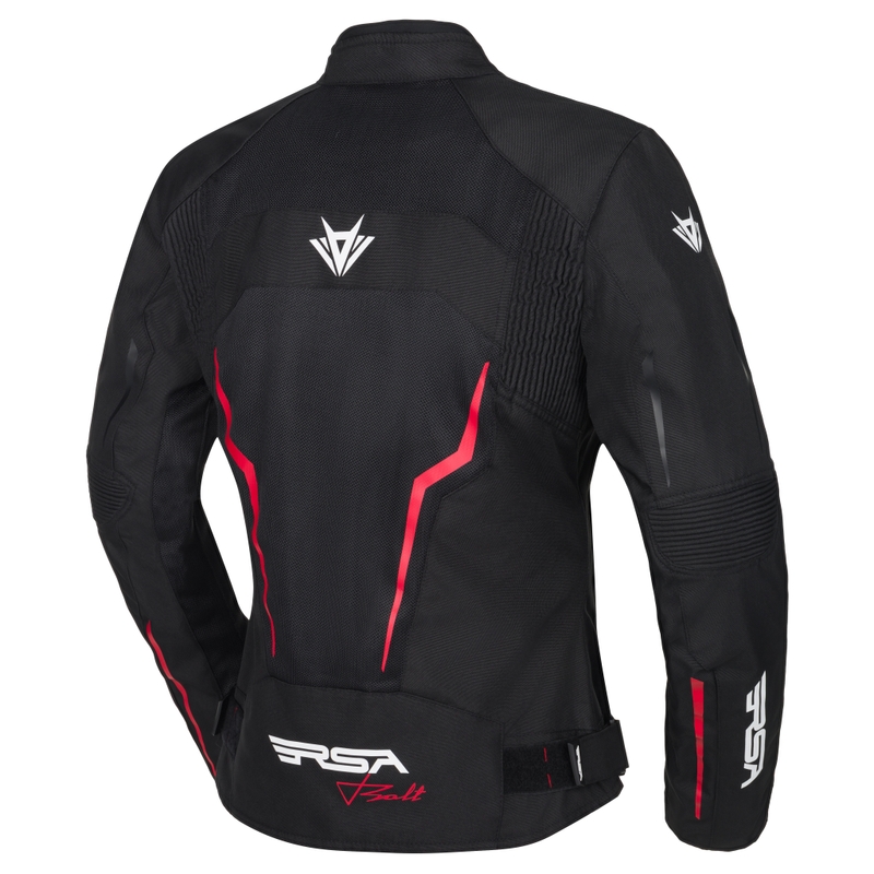 Chaqueta de moto RSA Bolt para mujer, color negro, blanco y rojo.