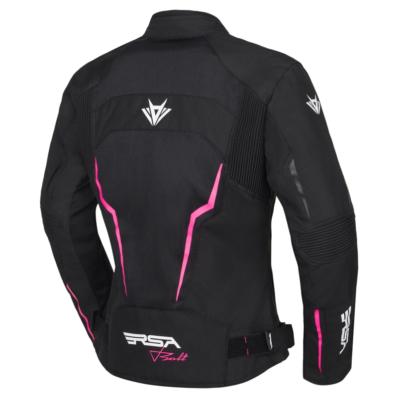 Chaqueta de moto RSA Bolt para mujer, color negro, blanco y rosa.