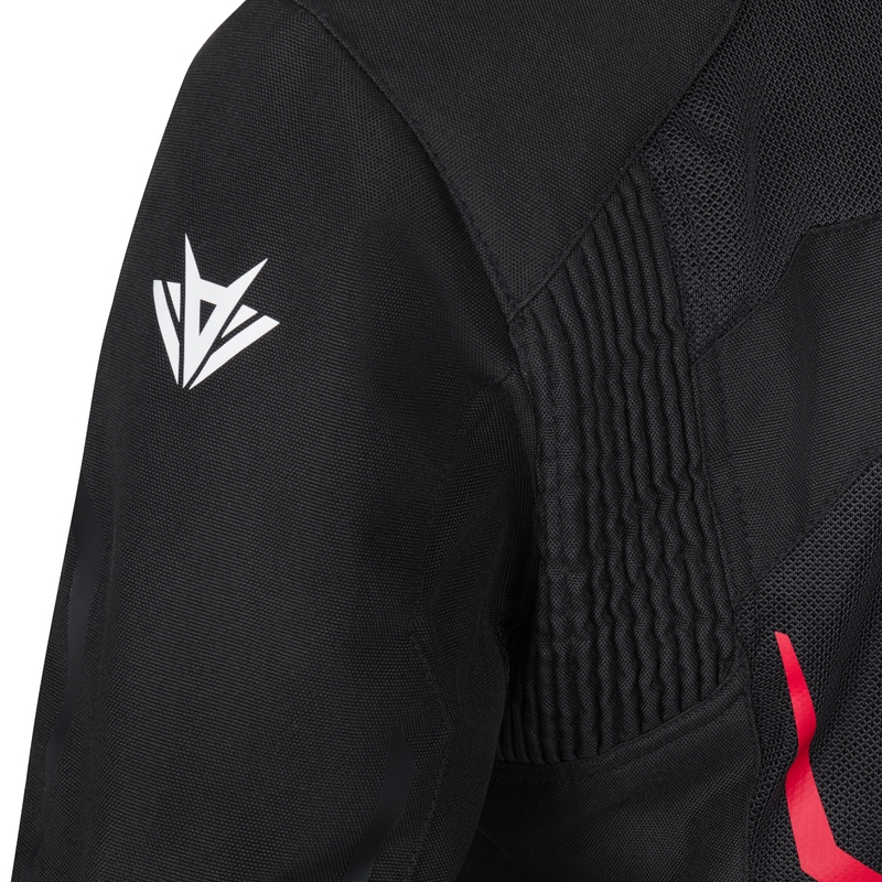 Chaqueta de moto RSA Bolt para mujer, color negro, blanco y rosa.