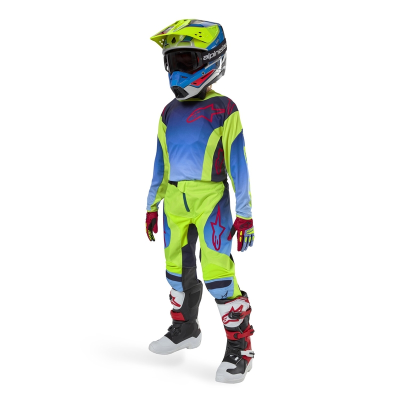 Pantalones de motocross para niños Alpinestars Racer Hoen en amarillo fluorescente, azul y rojo
