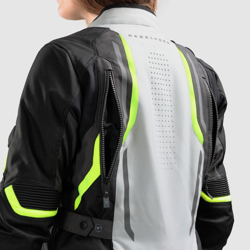 Chaqueta de moto para mujer Rebelhorn Hiker IV, color negro, gris y amarillo flúor.