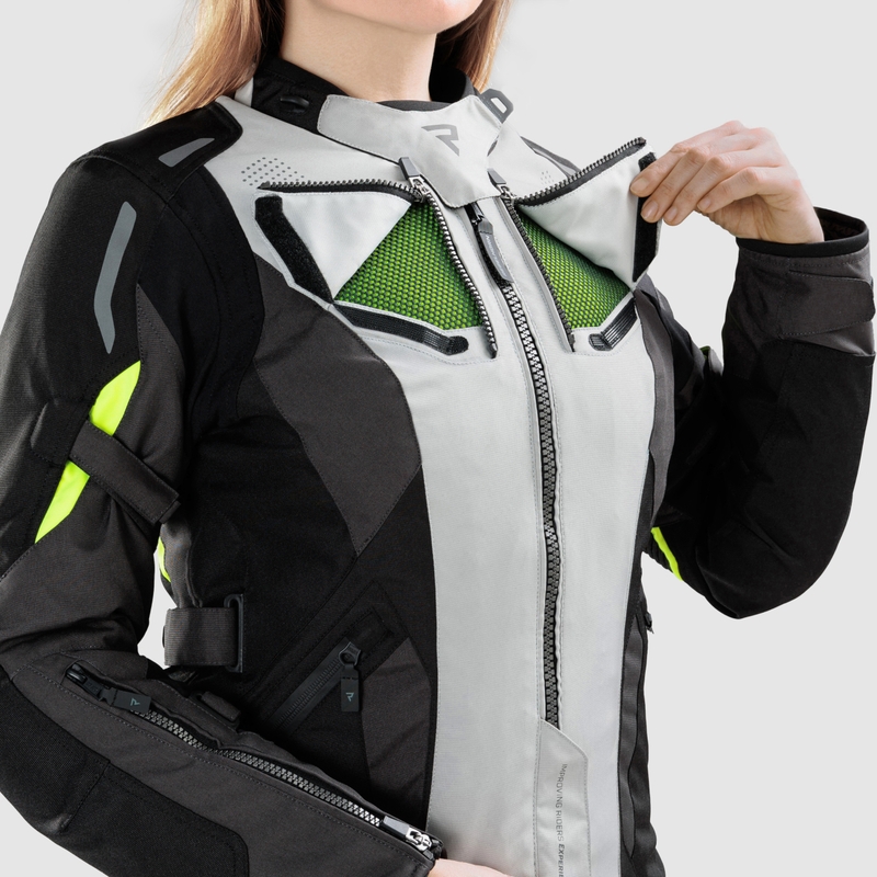 Chaqueta de moto para mujer Rebelhorn Hiker IV, color negro, gris y amarillo flúor.