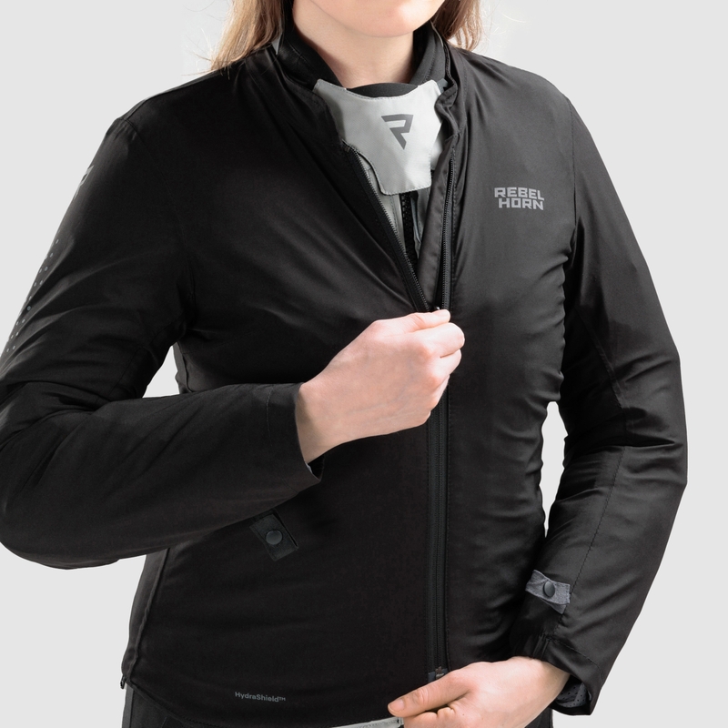 Chaqueta de moto para mujer Rebelhorn Hiker IV, color negro, gris y amarillo flúor.